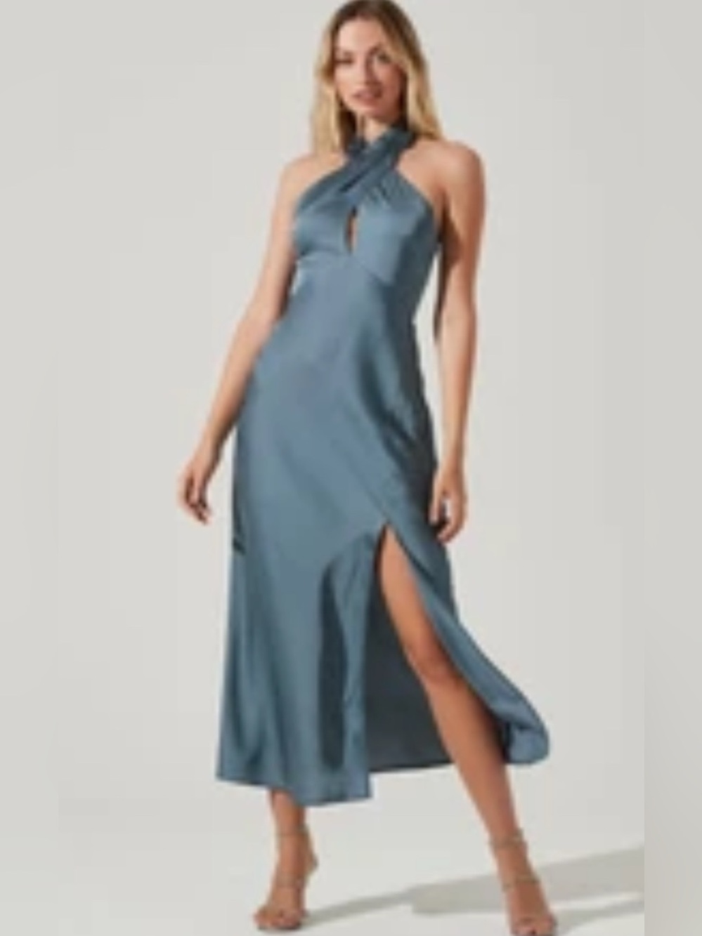 ASTR Marissa Satin Halter neck Midi dress Dusty Blue Small